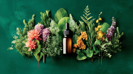 Flat Lay of Dark Glass Serum Bottle with Herbs and Leaves on Dark Green Background, Natural Skincare or Essential Oil Branding Concept, Organic Beauty Product Mockup.