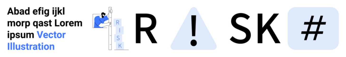 Letters forming Risk with exclamation mark inside a triangle, hash symbol, and text elements. Ideal for safety, warning, hazard evaluation, alert systems, danger awareness, compliance simple landing