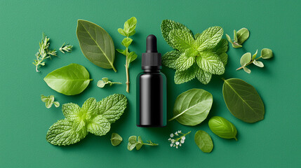 Flat Lay of Dark Glass Serum Bottle with Herbs and Leaves on Green Background, Natural Skincare or Essential Oil Branding Concept, Organic Beauty Product Mockup.