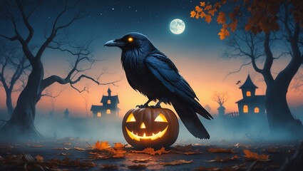 Fototapeta premium Black raven perched on glowing jack-o'-lantern in eerie Halloween setting with full moon and haunted houses