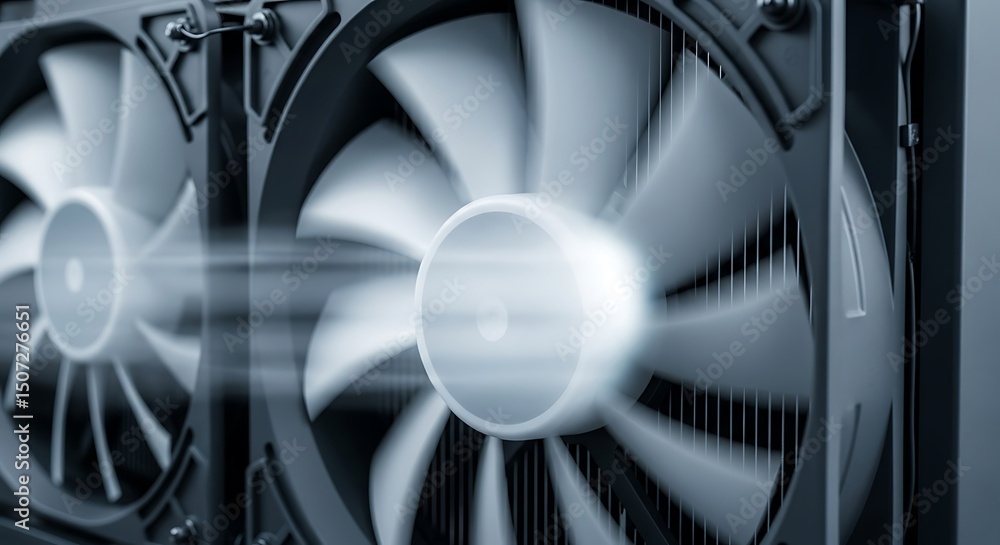 Poster cooling system components actively generating airflow in a modern equipment setup