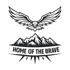 Eagle Soaring Above Mountains and the Bold "Home of the Brave" Inscription, Vector Illustration                                                       