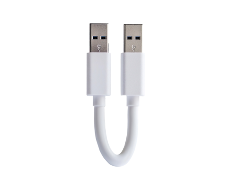 White USB to USB short cable connector for data transfer and power on transparent background