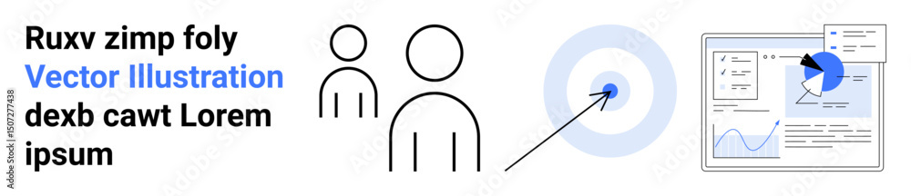 Aufkleber people icons representing teamwork, target with arrow for goals, and data dashboard showing analytic
