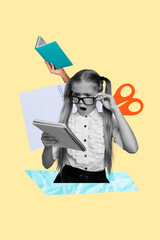 Sketch pop artwork collage of shocked nerd girl hold notepad hand book reader scissors school...