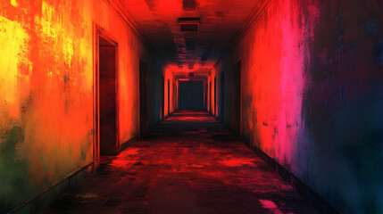 Obraz premium A dimly lit, abandoned corridor bathed in vibrant hues.