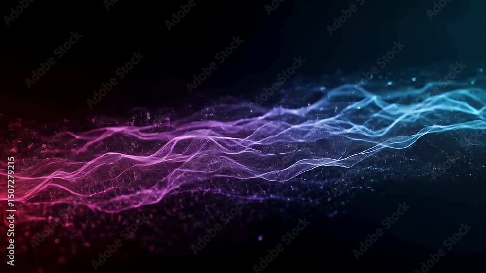 Poster digital wave with glowing particles in purple and blue colors on black abstract background creating 