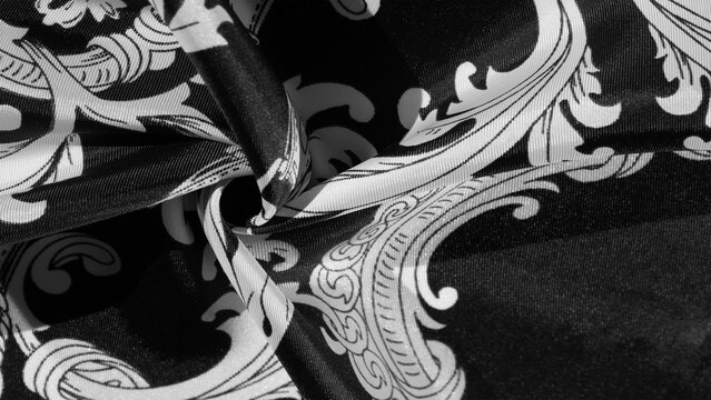 texture, background, black silk fabric with a monogram pattern Exquisite pattern of filigree fabric your design will delight you for a long time