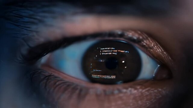 Close up of human eye with brown iris and eyelashes, skin texture and reflection of computer code showing intense digital focus