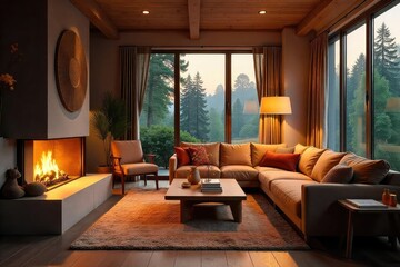 A warm and inviting interior space, perfect for relaxation and comfortable gatherings Soft lighting and cozy furnishings create a sense of welcome and tranquility , home, furniture