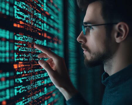 A man analyzes digital data on a glowing screen, focusing intently on complex code and information. - Powered by Adobe