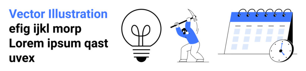 Lightbulb symbolizing ideas, person mining work symbol, calendar for scheduling, clock representing time management. Ideal for productivity, brainstorming, deadlines, teamwork, efficiency