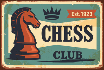 Vintage chess club sign with knight piece and retro tin background for game enthusiasts