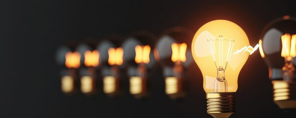 A row of glowing light bulbs with one brightly lit bulb in sharp focus against a dark background.