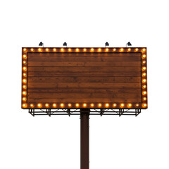 Large outdoor advertising billboard illuminated by bright lights for nighttime visibility isolated background