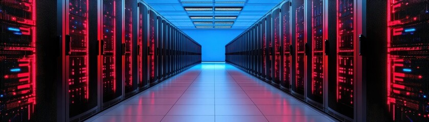 Fototapeta premium A modern data center corridor lined with illuminated server racks and a reflective floor.