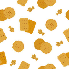 Flat vector seamless pattern featuring hand drawn square and round crackers scattered across a clean white background. Simple and tasty bakery inspired design.