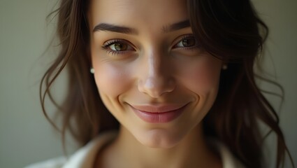 Naklejka premium realistic portrait of a 30-year-old woman, soft lighting, symmetrical face, natural expression