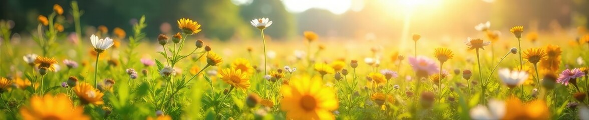 Fototapeta premium A vibrant sunlit meadow overflowing with wildflowers, a carefree feeling of boundless energy and summer bliss , wild, stem, energy