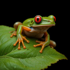 Obraz premium Red Eyed Tree Frog, Agalychnis Callidryas, on a Leaf with Black Background