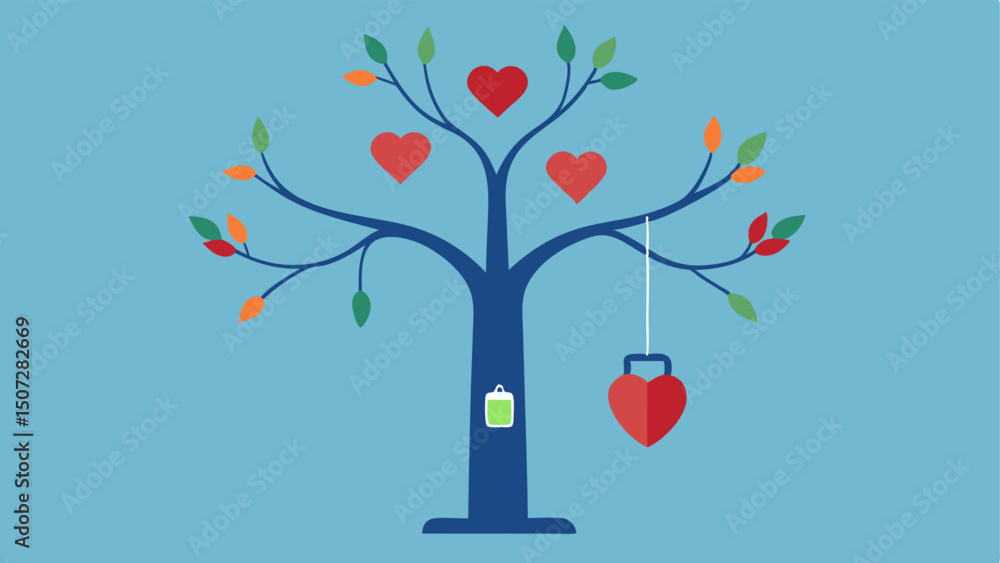 Poster longevity tree a stylized tree with leaves shaped like hearts and a wearable device hanging from a b