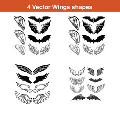 Various artistic wing illustrations, bird, angel, bat, eagle, and minimalist wing icons for branding, tattoos, emblems, or fantasy design projects