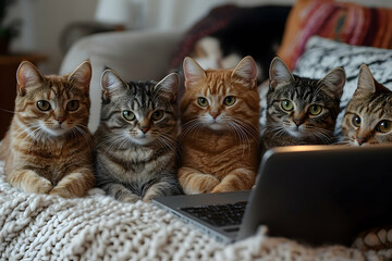 Group of cats looking at a laptop.