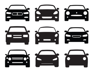 Front view black car silhouette collection in minimal vector style for automotive branding. Vehicle UI, transport signs, app design, car logo elements, and transportation icons.