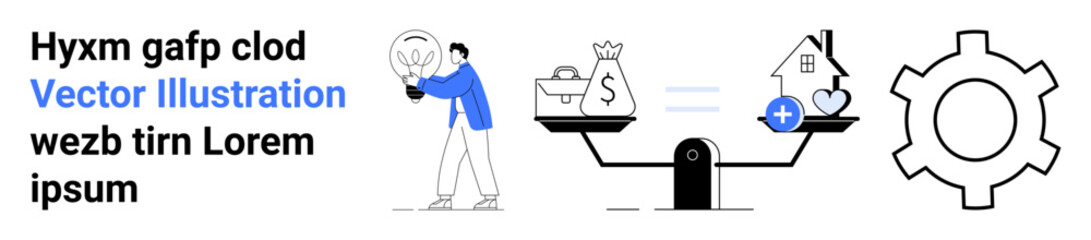Man holding lightbulb as an idea, scale with money and house in balance, gear suggesting optimization. Ideal for innovation, finance, real estate, productivity, balance, decision-making simple