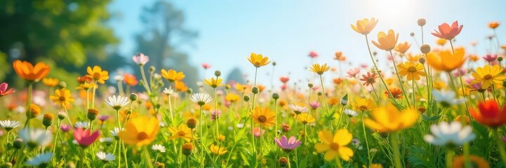 Obraz premium A vibrant, sun-drenched field of wildflowers swaying gently in the breeze, embodying carefree joy and the boundless energy of spring , green, outdoor