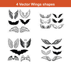 Various artistic wing illustrations, bird, angel, bat, eagle, and minimalist wing icons for branding, tattoos, emblems, or fantasy design projects