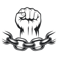 Monochrome Illustration: Clenched Fist Breaking Free from Restraints, Representing Strength and Liberation                                            