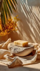 Natural soap bar displayed on stone with floral and botanical elements, warm lighting, and a beige color palette. Minimalist spa aesthetic.