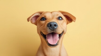 Obraz premium A cheerful dog with a bright smile poses against a yellow background, showcasing its playful personality and joyful spirit. Perfect for pet lovers and animal-themed projects.