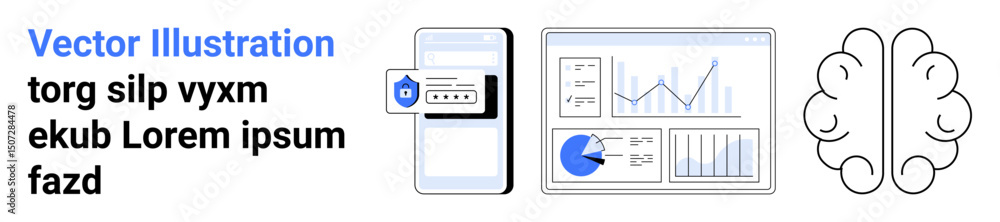 Poster mobile phone with security lock, dashboard displaying charts and data, abstract brain symbol. ideal 