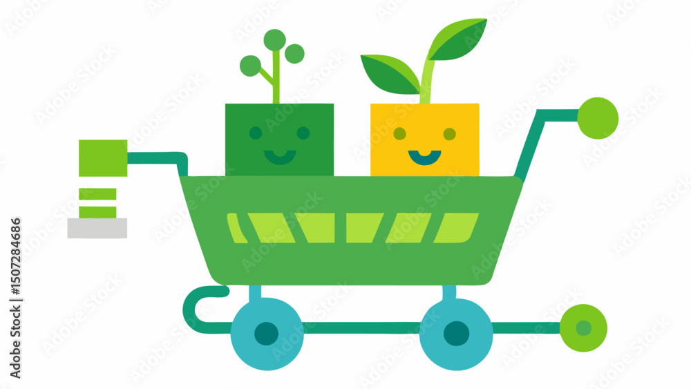 Poster eco cart a shopping cart on wheels with plant motifs where small robots are loading it with energyef