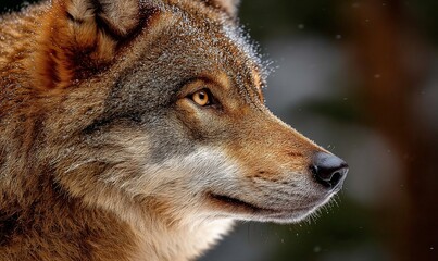 Contemplative wolf portrait snowy fur