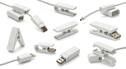 White cable connectors and clips, various types