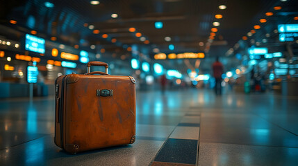 Brown suitcase in a busy airport terminal.