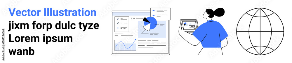 Poster analytics interface, chart data screen, businesswoman using analytics, global network globe. ideal f