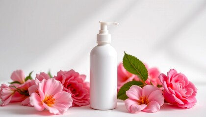 a bottle of lotion in the foreground, situated centrally with a pump dispenser. behind the lotion bottle, there is a clear glass vase containing pink flowers