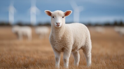 Obraz premium A curious lamb stands in a vibrant field, surrounded by gentle grass and distant wind turbines, symbolizing nature's harmony with renewable energy and pastoral beauty.