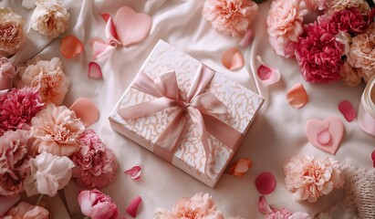 Gift Box with Pink Ribbon and Heart-Shaped Petals on Table, Surrounded by Blush and Cream Flowers, Soft White Linen Background for Romantic Celebration