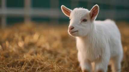Fototapeta premium A cute, small white goat stands in a bed of hay, showcasing its charming features. The sunlight gently illuminates its soft fur, creating an inviting farm atmosphere.