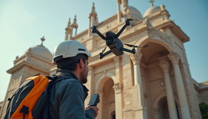 Fototapeta premium Man Flying Drone Near Building