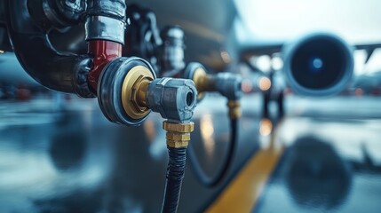 Fototapeta premium Airplane Fueling at Airport, Close-up of Fueling Connections