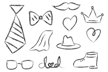Father's Day Hand-Drawn Elements – Tie, Bow, Shoe, Heart, Goggles, Cowboy Hat, Mustache, Cape, Black Chalk Stroke Doodles on white background