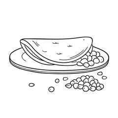 A tortilla beside scattered corn kernels on a plate