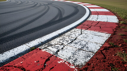 A close up view of a race track corner showcasing tire marks and red and white striped curb markings.