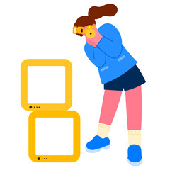 woman holding camera with blank of stacked vintage televisions, retro media and creative lifestyle concept